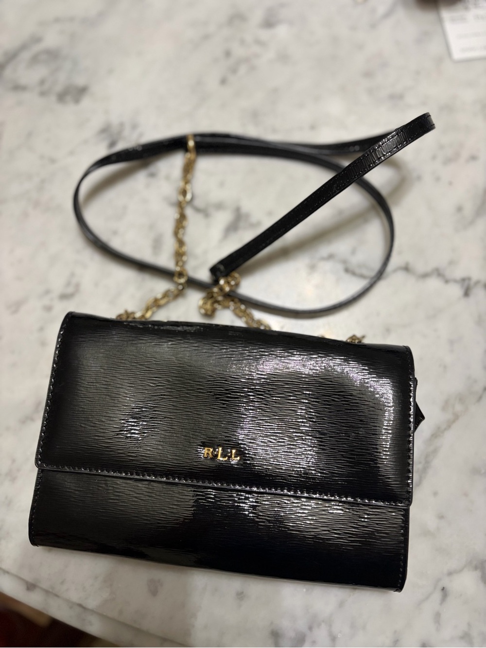 Lauren Ralph Lauren Black Patent Crossbody Wallet style purse with Gold Chain